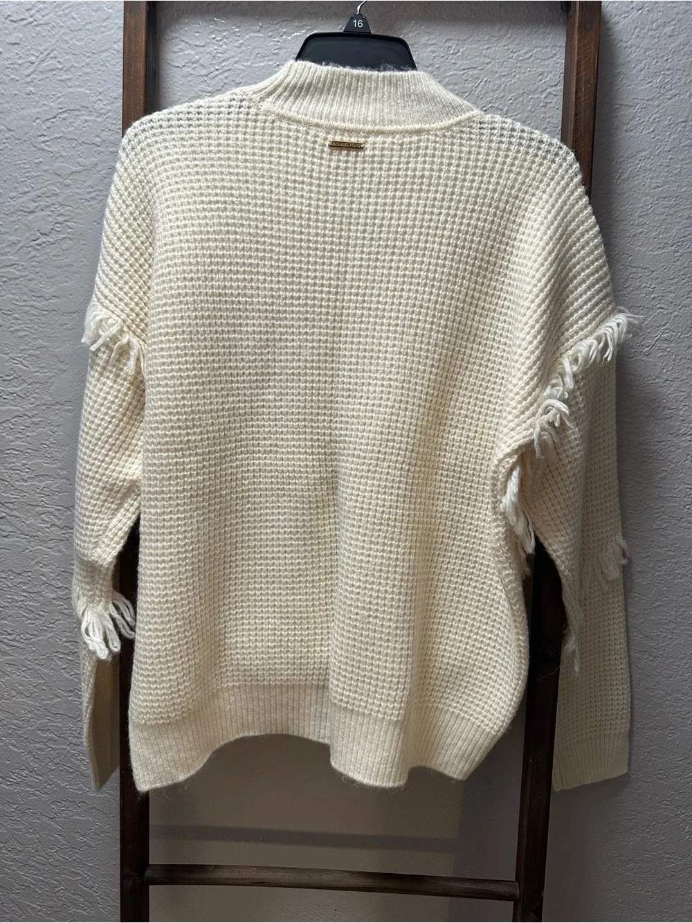 MICHAEL Michael Kors Cream Fringe Waffle Knit Turtleneck Sweater